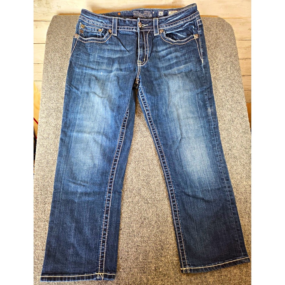 Miss Me Boyfriend Capri Jeans Womens 31 Dark Wash Fleur de Lis Bling JB5692PS